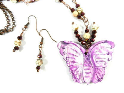 Purple Shell Butterfly Necklace with White Turquoise and Matching Earrings
