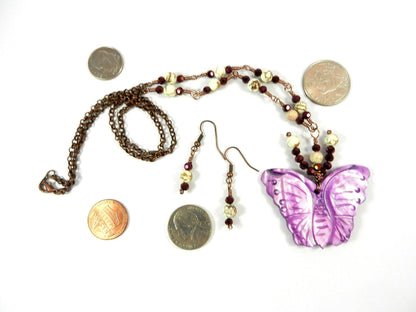 Purple Shell Butterfly Necklace with White Turquoise and Matching Earrings
