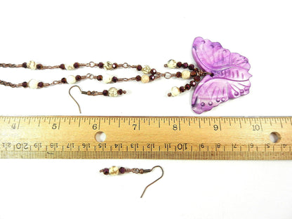 Purple Shell Butterfly Necklace with White Turquoise and Matching Earrings