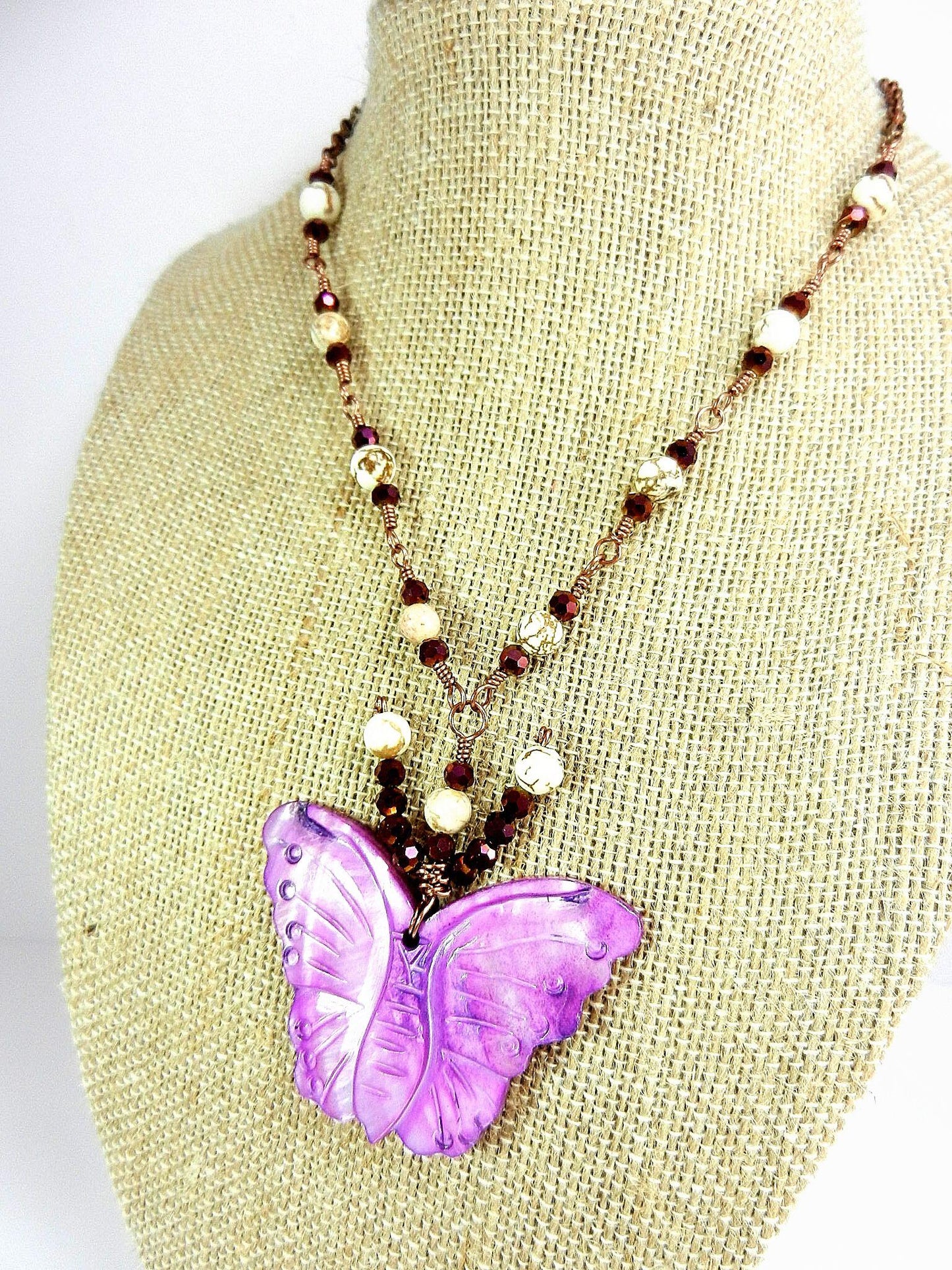 Purple Shell Butterfly Necklace with White Turquoise and Matching Earrings