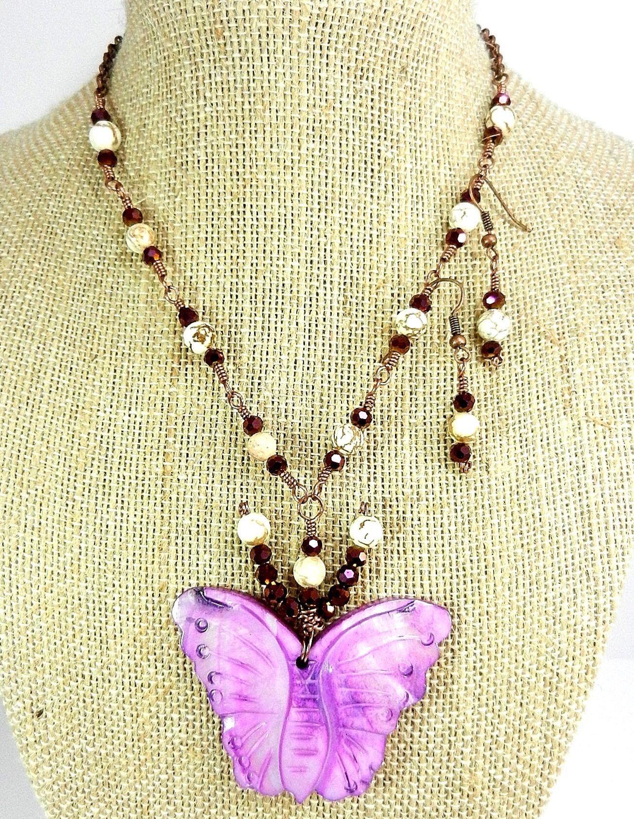 Purple Shell Butterfly Necklace with White Turquoise and Matching Earrings