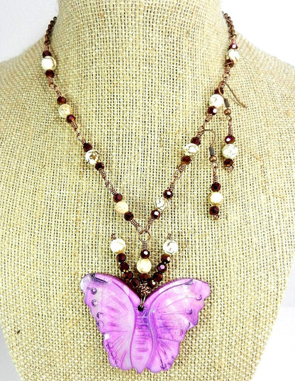 Purple Shell Butterfly Necklace with White Turquoise and Matching Earrings