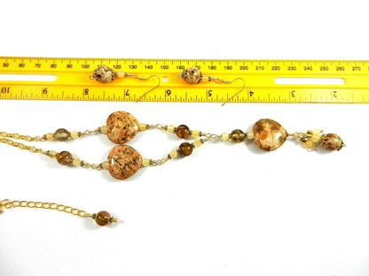 Peach Jasper Heart Gemstone Necklace Gold Wire Wrapped with Matching Earrings