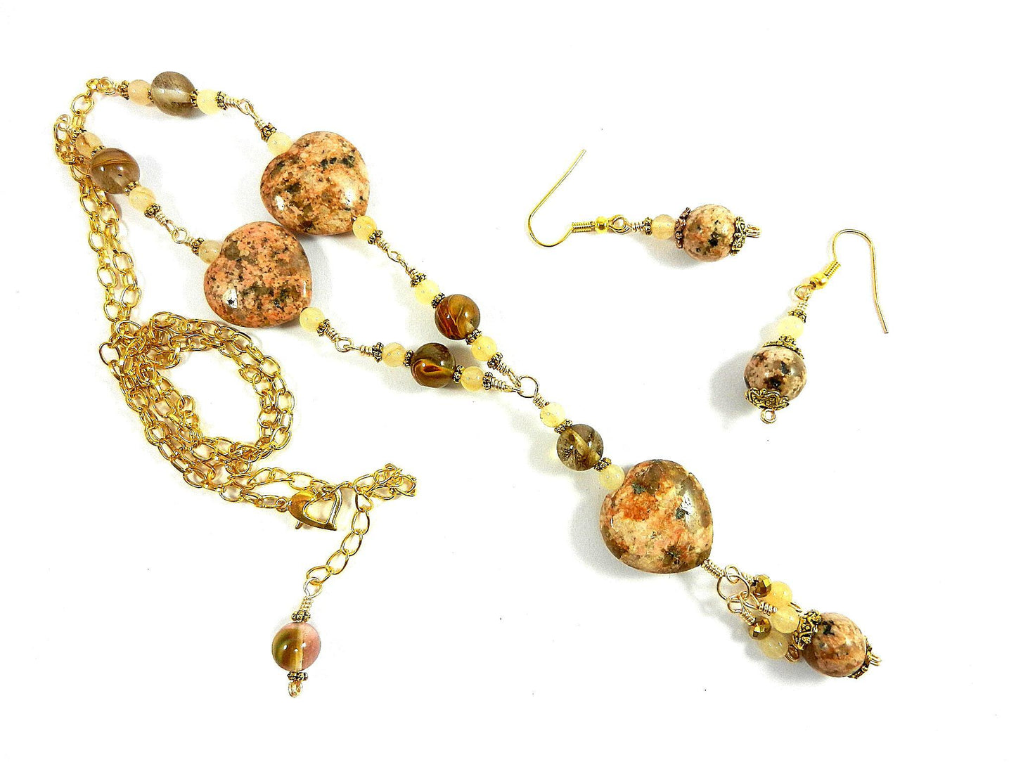 Peach Jasper Heart Gemstone Necklace Gold Wire Wrapped with Matching Earrings