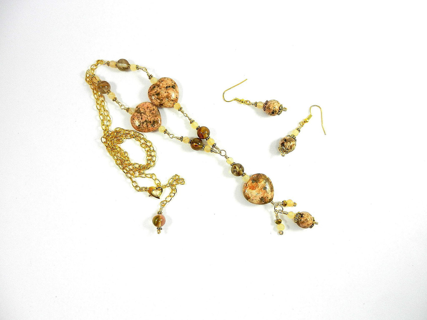 Peach Jasper Heart Gemstone Necklace Gold Wire Wrapped with Matching Earrings