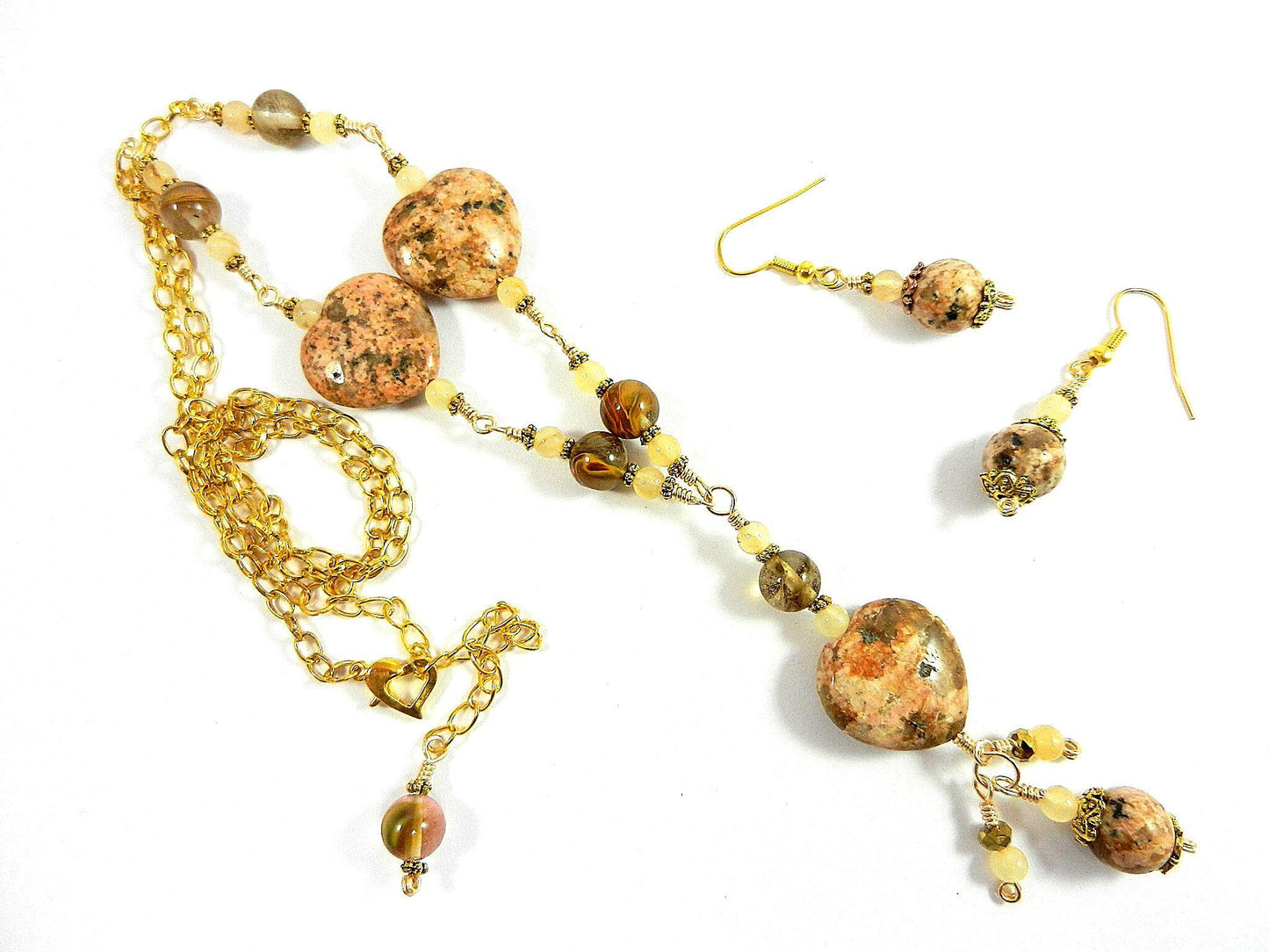 Peach Jasper Heart Gemstone Necklace Gold Wire Wrapped with Matching Earrings