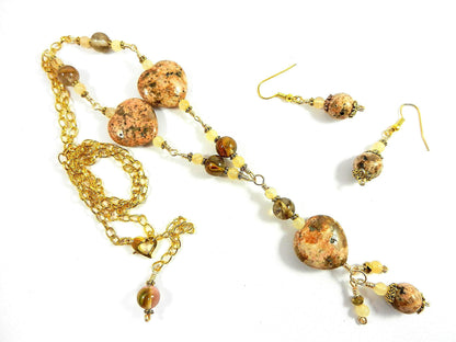 Peach Jasper Heart Gemstone Necklace Gold Wire Wrapped with Matching Earrings