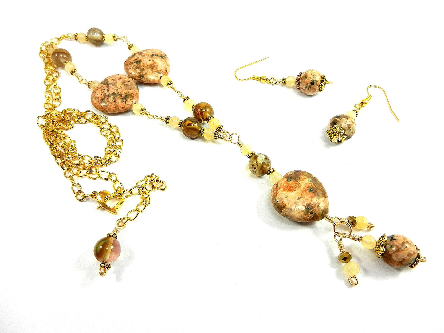 Peach Jasper Heart Gemstone Necklace Gold Wire Wrapped with Matching Earrings