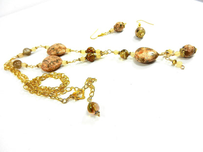 Peach Jasper Heart Gemstone Necklace Gold Wire Wrapped with Matching Earrings
