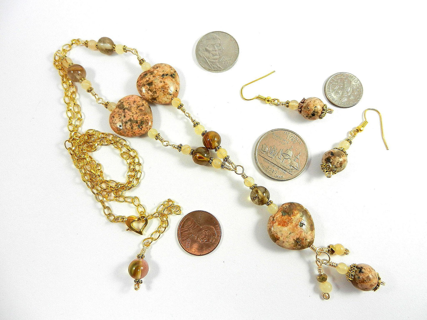 Peach Jasper Heart Gemstone Necklace Gold Wire Wrapped with Matching Earrings