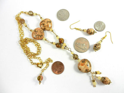 Peach Jasper Heart Gemstone Necklace Gold Wire Wrapped with Matching Earrings