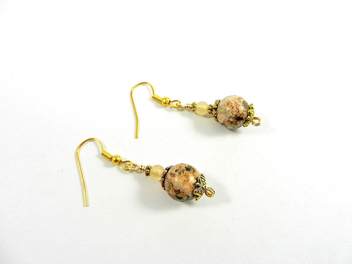 Peach Jasper Heart Gemstone Necklace Gold Wire Wrapped with Matching Earrings