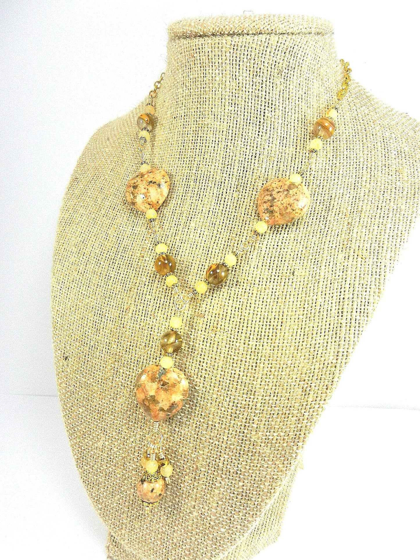 Peach Jasper Heart Gemstone Necklace Gold Wire Wrapped with Matching Earrings