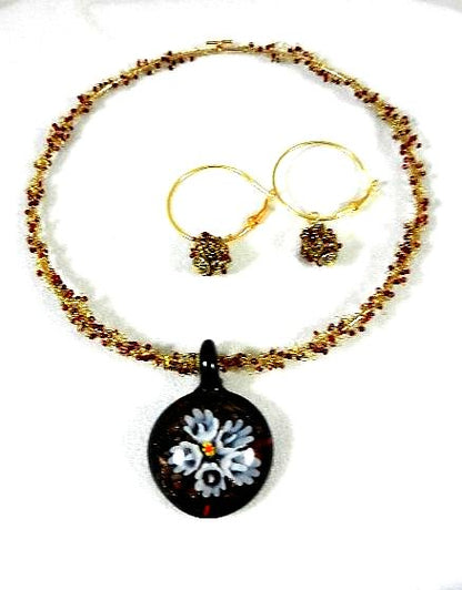 White Flower Black Lamp Work Pendant Crocheted Wire Choker with Matching Earrings