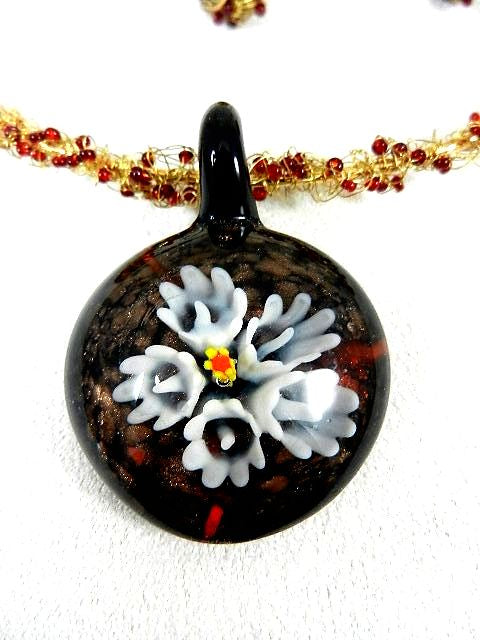 White Flower Black Lamp Work Pendant Crocheted Wire Choker with Matching Earrings