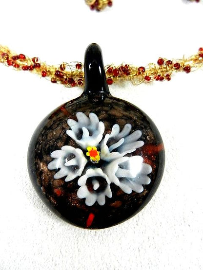 White Flower Black Lamp Work Pendant Crocheted Wire Choker with Matching Earrings