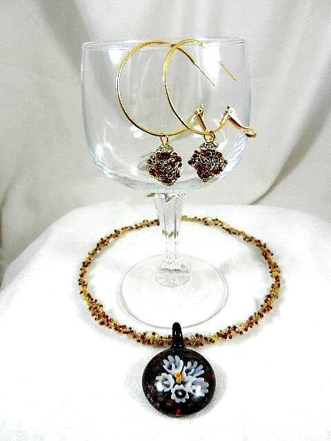 White Flower Black Lamp Work Pendant Crocheted Wire Choker with Matching Earrings