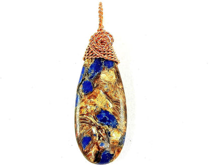 Brecciated Lapis Lazuli Gold Copper Bornite Teardrop Pendant Bare Copper Wire Wrapped
