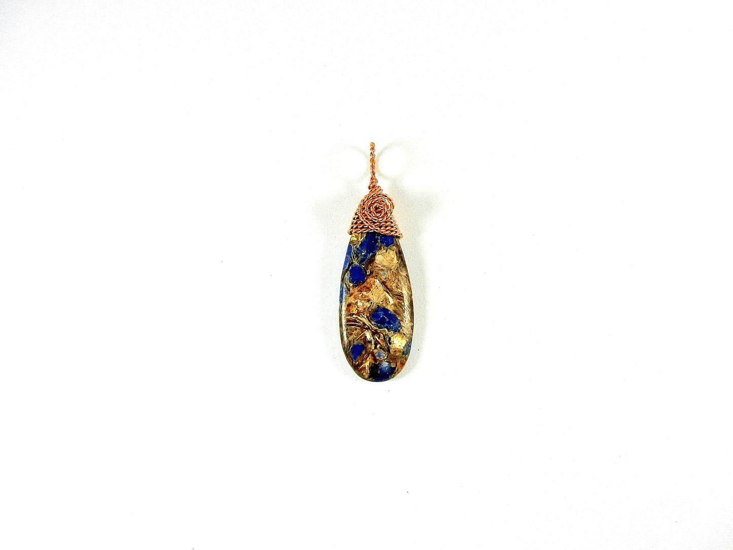 Brecciated Lapis Lazuli Gold Copper Bornite Teardrop Pendant Bare Copper Wire Wrapped