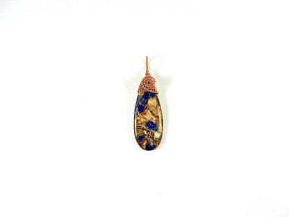 Brecciated Lapis Lazuli Gold Copper Bornite Teardrop Pendant Bare Copper Wire Wrapped