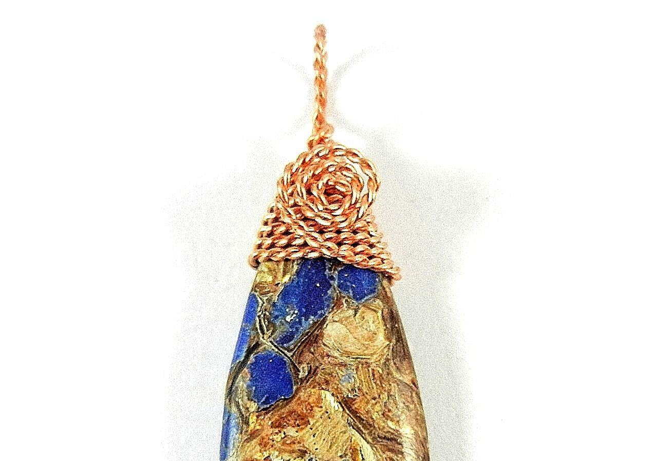 Brecciated Lapis Lazuli Gold Copper Bornite Teardrop Pendant Bare Copper Wire Wrapped