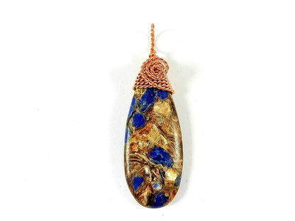 Brecciated Lapis Lazuli Gold Copper Bornite Teardrop Pendant Bare Copper Wire Wrapped