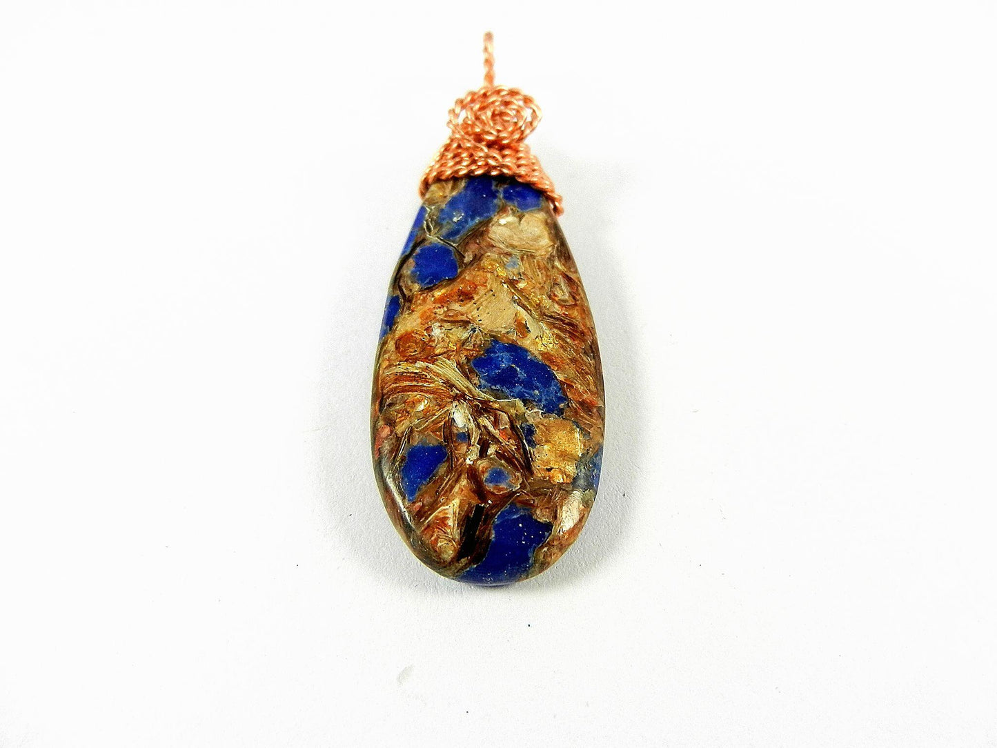Brecciated Lapis Lazuli Gold Copper Bornite Teardrop Pendant Bare Copper Wire Wrapped