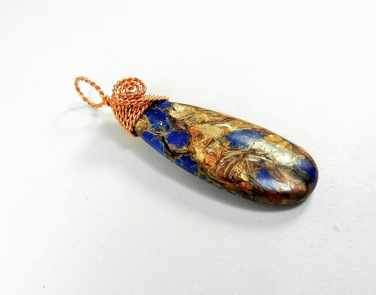 Brecciated Lapis Lazuli Gold Copper Bornite Teardrop Pendant Bare Copper Wire Wrapped
