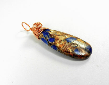 Brecciated Lapis Lazuli Gold Copper Bornite Teardrop Pendant Bare Copper Wire Wrapped