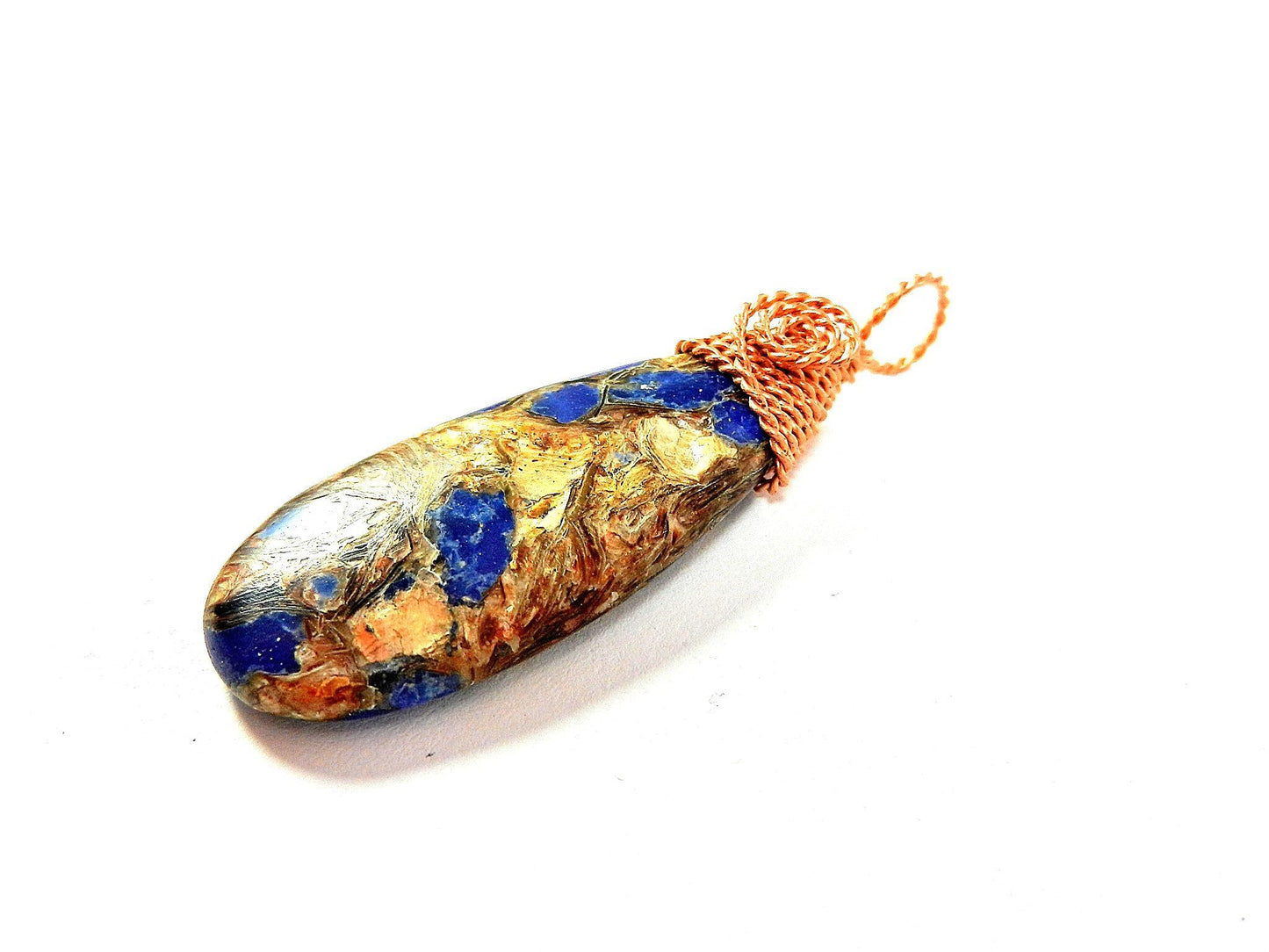 Brecciated Lapis Lazuli Gold Copper Bornite Teardrop Pendant Bare Copper Wire Wrapped