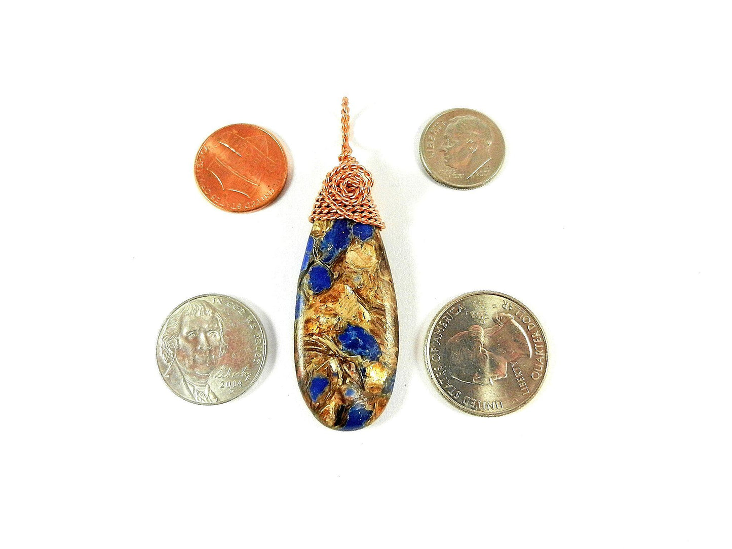 Brecciated Lapis Lazuli Gold Copper Bornite Teardrop Pendant Bare Copper Wire Wrapped