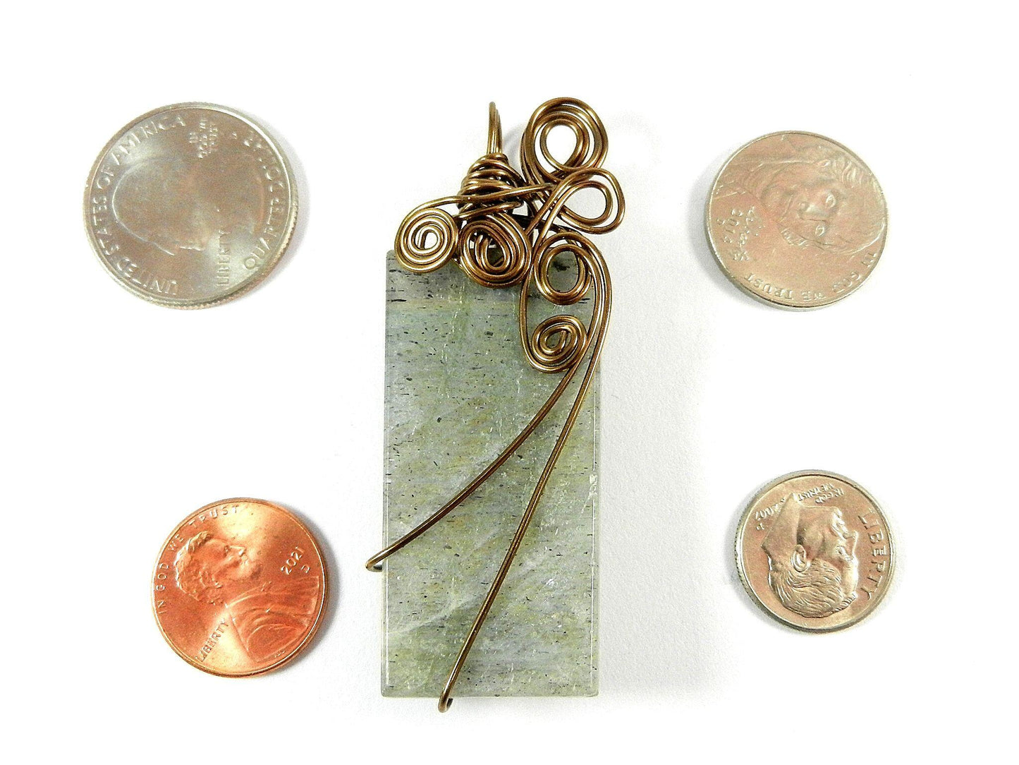 Bronze Wire Wrapped Rectangle Labradorite Pendant