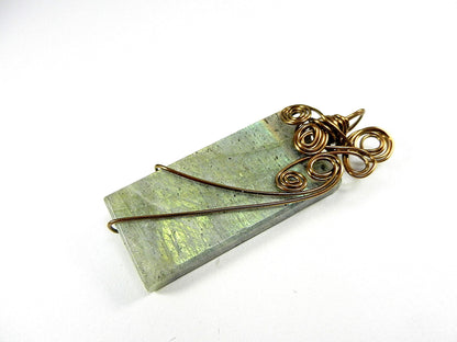 Bronze Wire Wrapped Rectangle Labradorite Pendant