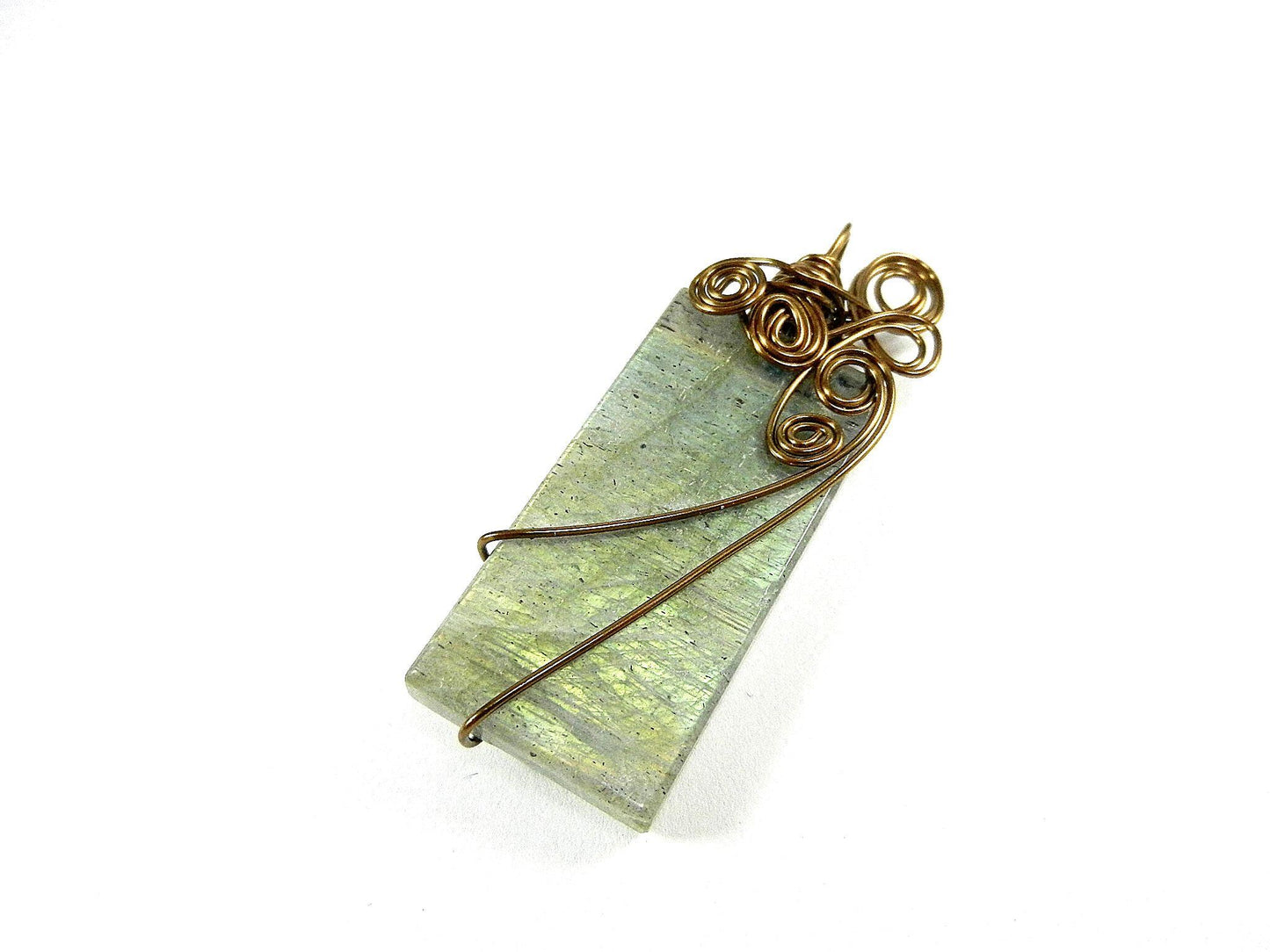 Bronze Wire Wrapped Rectangle Labradorite Pendant