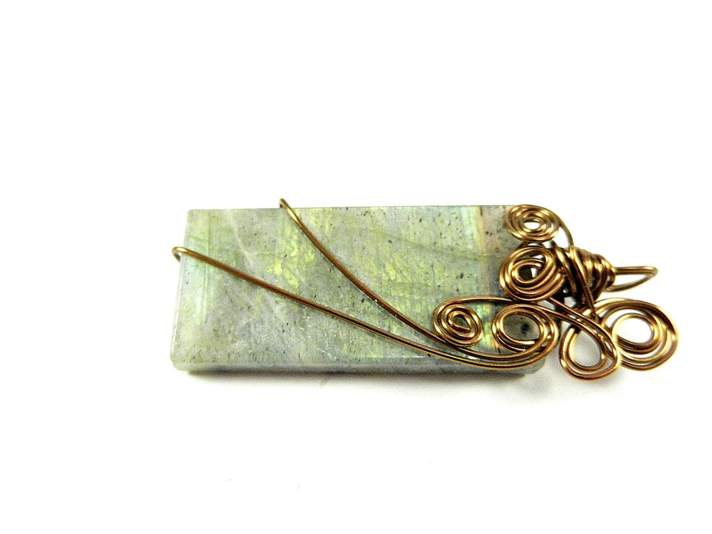 Bronze Wire Wrapped Rectangle Labradorite Pendant