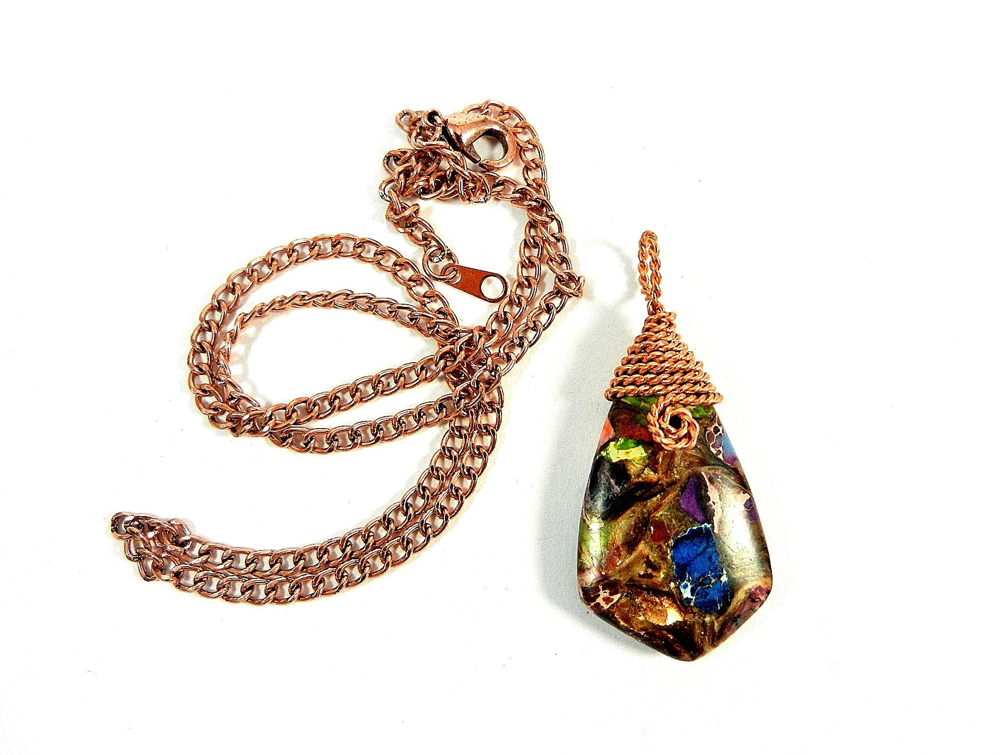 Blue Brecciated Lapis and Copper Bornite Teardrop Gemstone Pendant Bare Copper Wire Wrapped Necklace4