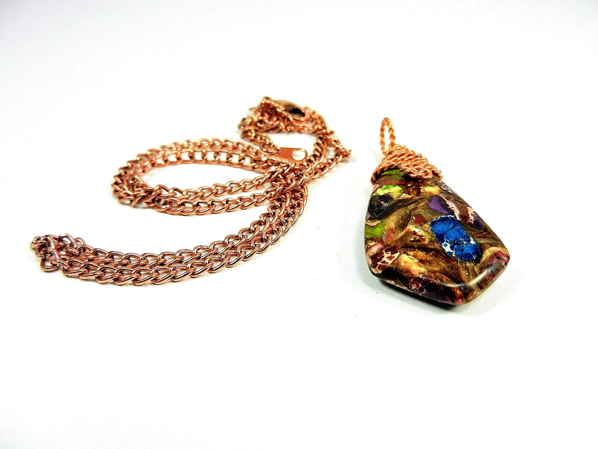 Blue Brecciated Lapis and Copper Bornite Teardrop Gemstone Pendant Bare Copper Wire Wrapped Necklace4