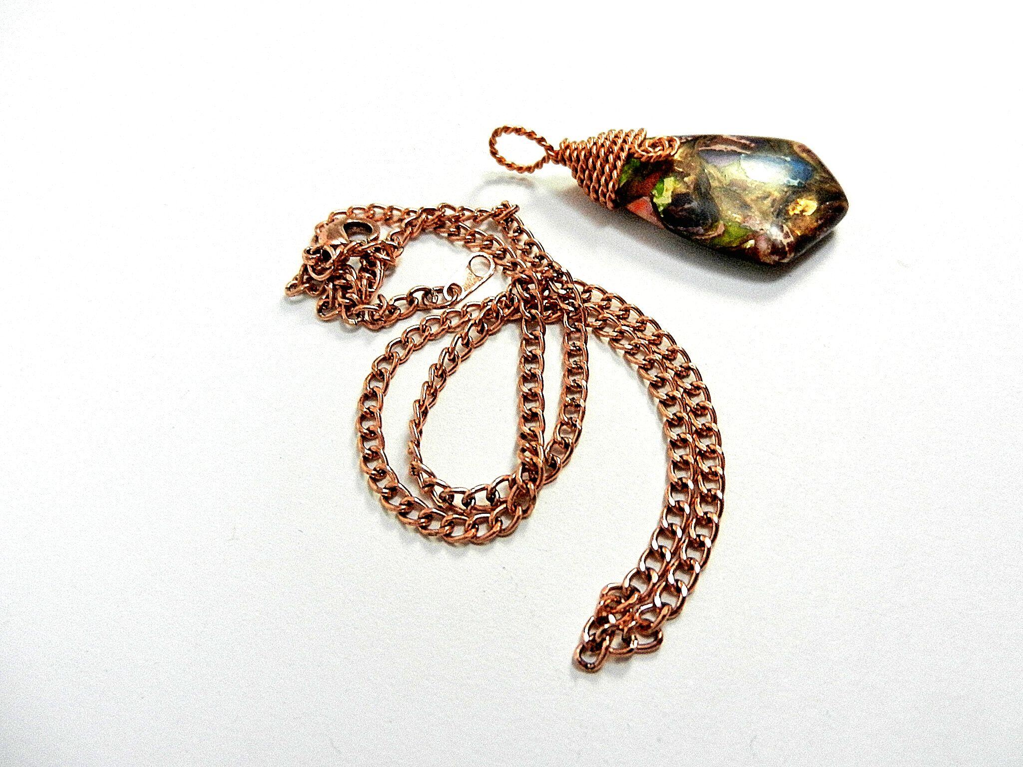 Blue Brecciated Lapis and Copper Bornite Teardrop Gemstone Pendant Bare Copper Wire Wrapped Necklace4