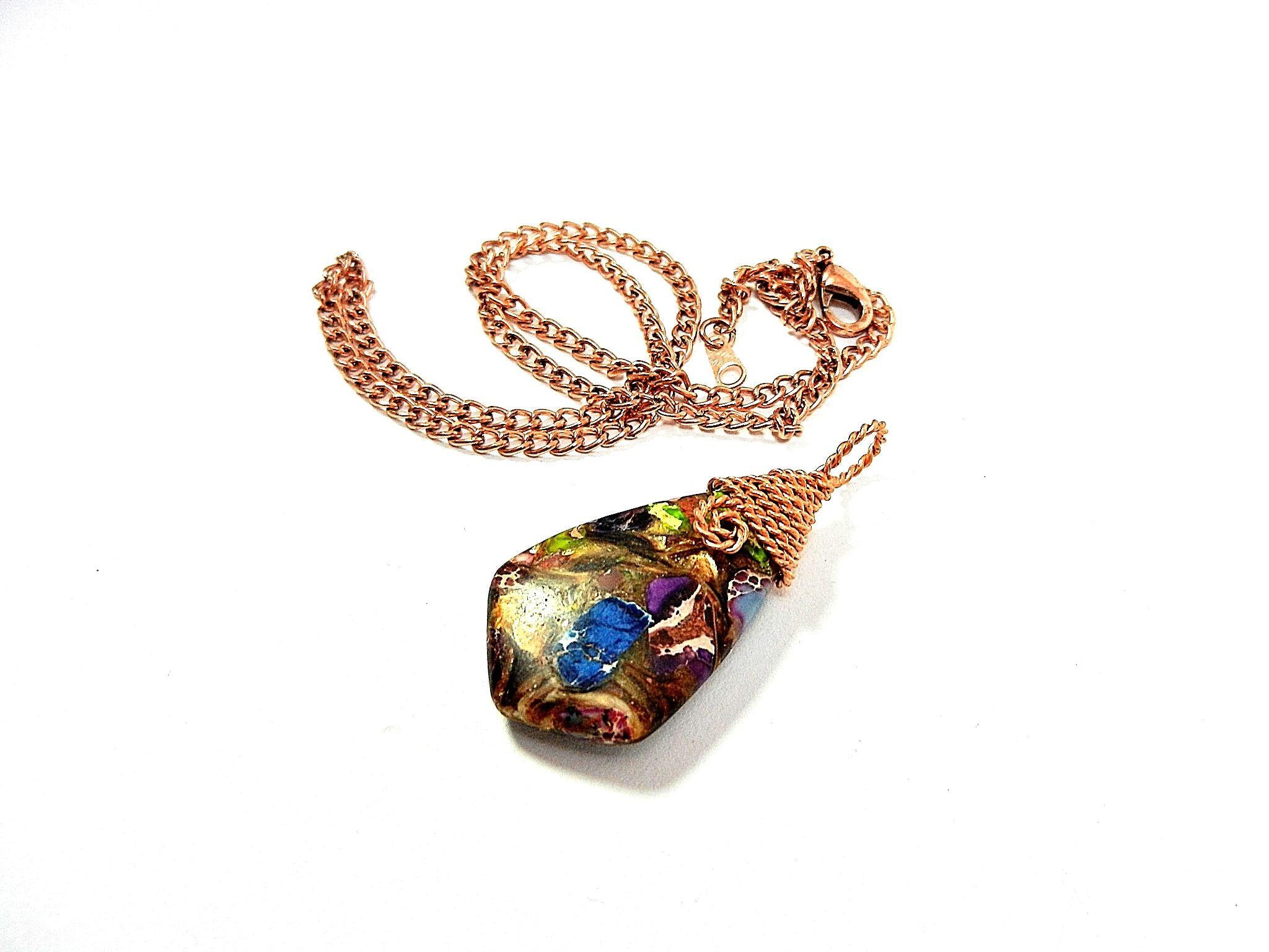 Blue Brecciated Lapis and Copper Bornite Teardrop Gemstone Pendant Bare Copper Wire Wrapped Necklace4