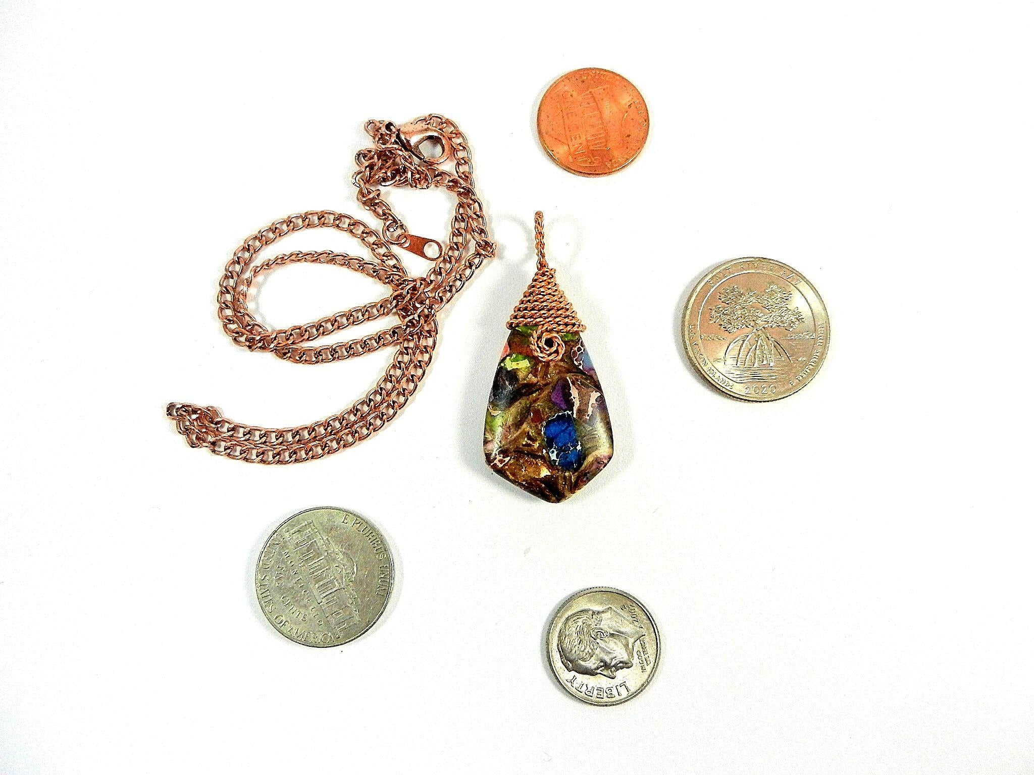 Blue Brecciated Lapis and Copper Bornite Teardrop Gemstone Pendant Bare Copper Wire Wrapped Necklace4