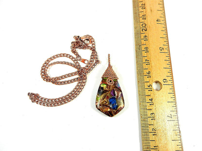Blue Brecciated Lapis and Copper Bornite Teardrop Gemstone Pendant Bare Copper Wire Wrapped Necklace4