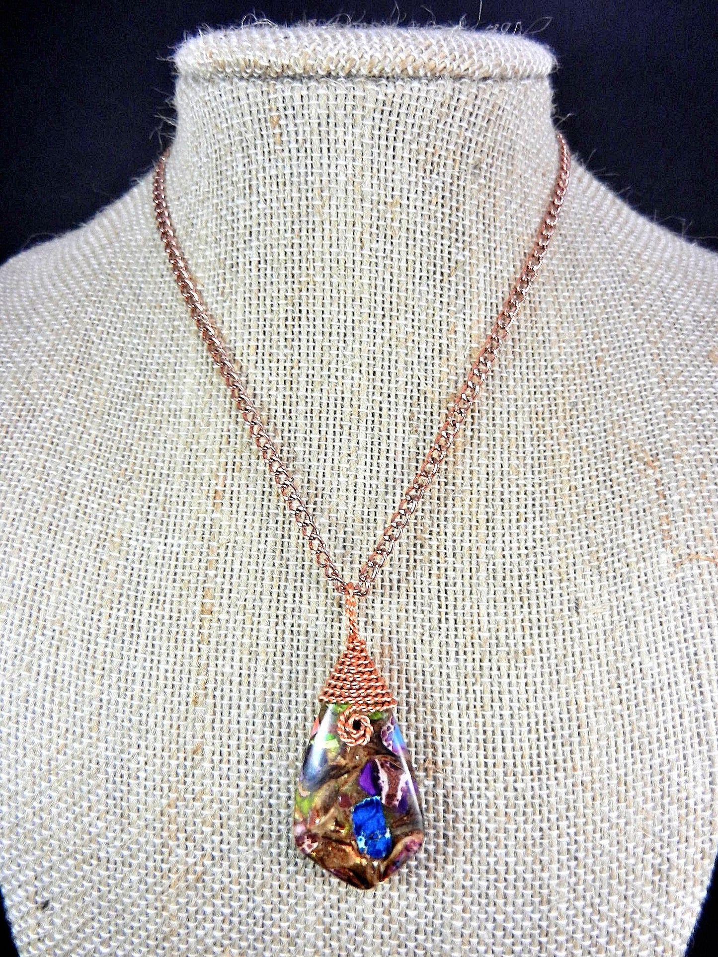 Blue Brecciated Lapis and Copper Bornite Teardrop Gemstone Pendant Bare Copper Wire Wrapped Necklace4