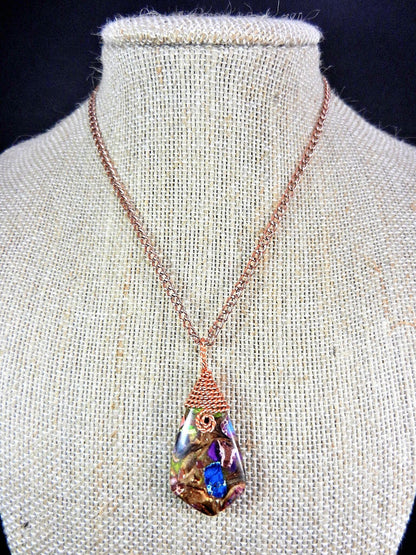 Blue Brecciated Lapis and Copper Bornite Teardrop Gemstone Pendant Bare Copper Wire Wrapped Necklace4