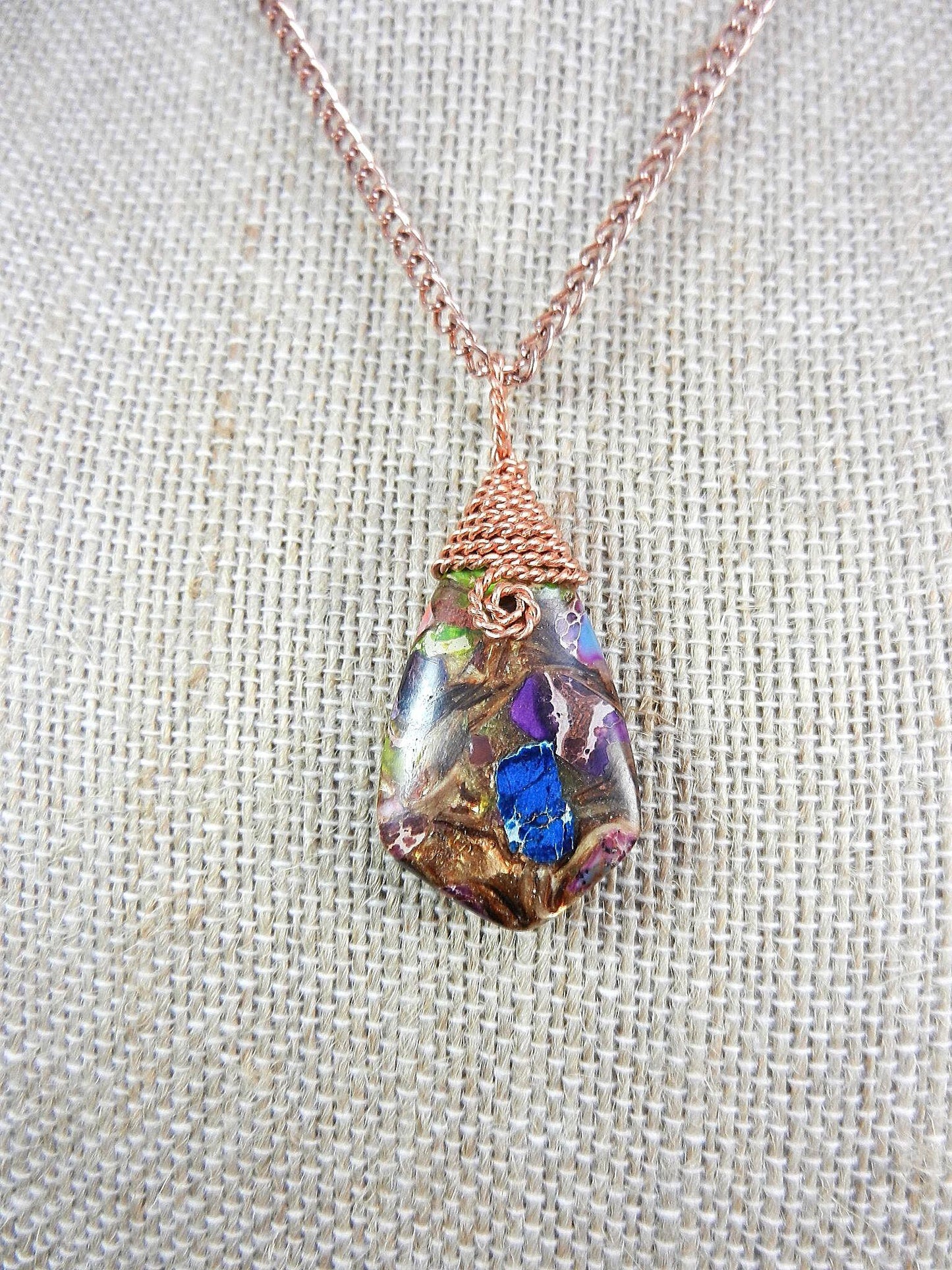 Blue Brecciated Lapis and Copper Bornite Teardrop Gemstone Pendant Bare Copper Wire Wrapped Necklace4