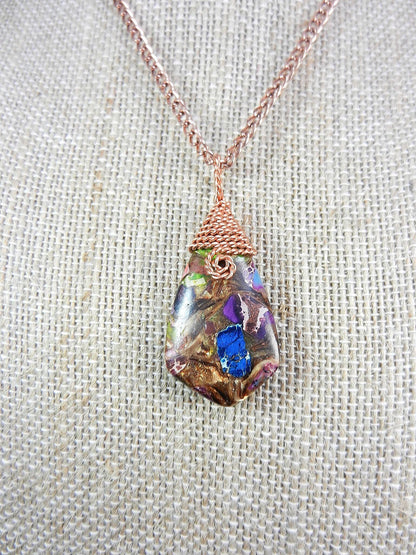 Blue Brecciated Lapis and Copper Bornite Teardrop Gemstone Pendant Bare Copper Wire Wrapped Necklace4