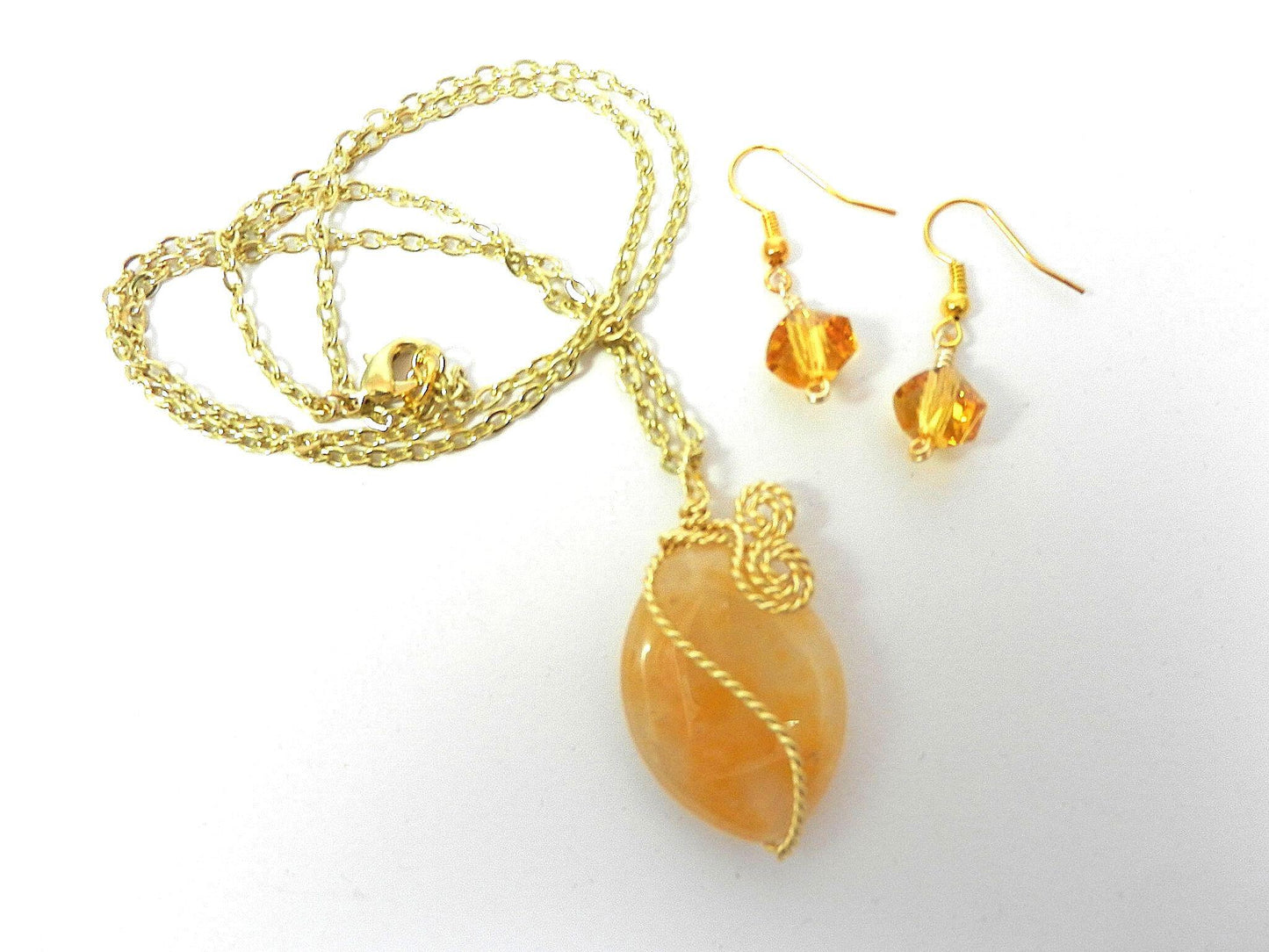 Gold Wire Wrapped Light Yellow Agate Gemstone Pendant with Matching Gold Crystal Earrings