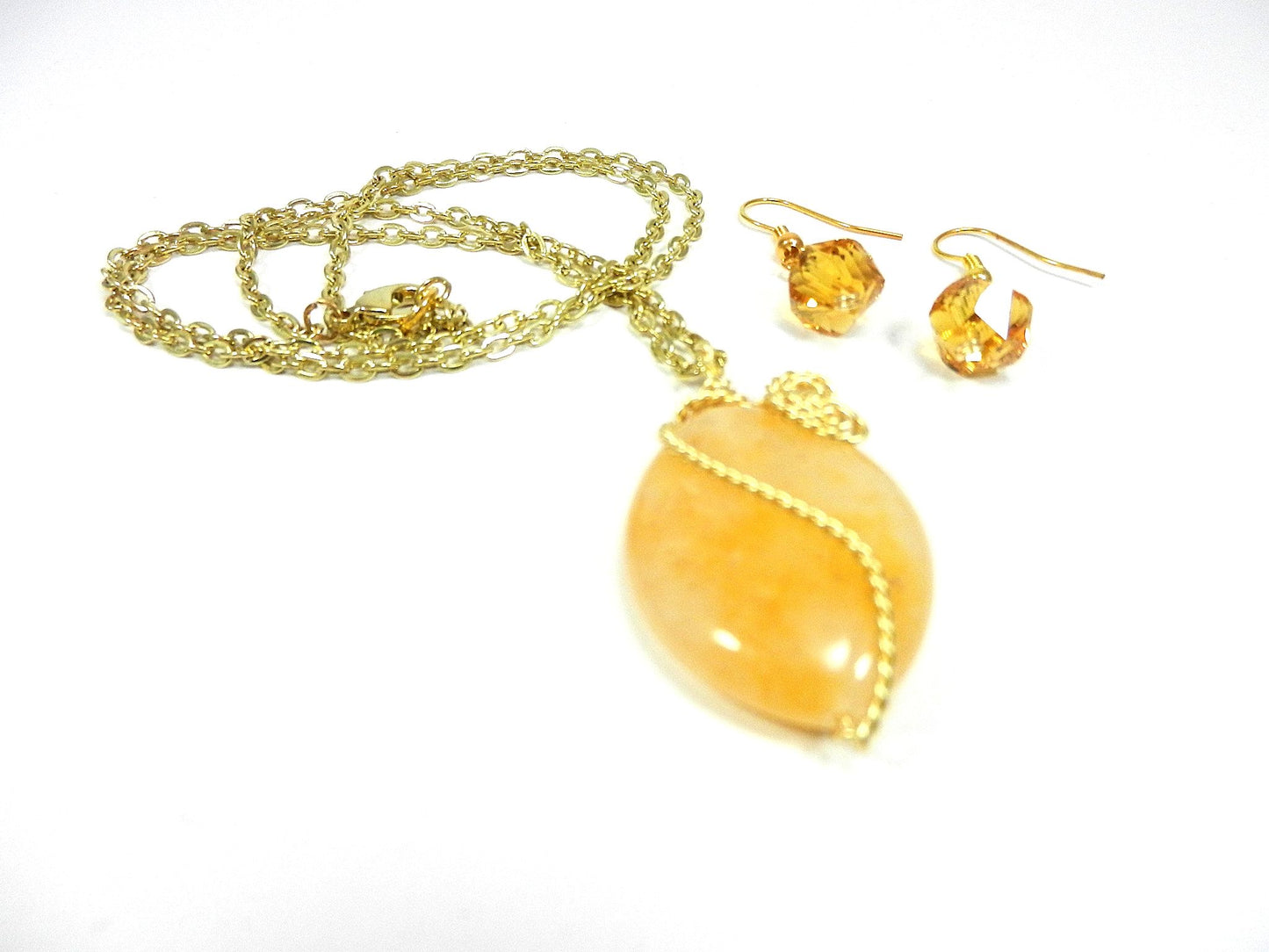 Gold Wire Wrapped Light Yellow Agate Gemstone Pendant with Matching Gold Crystal Earrings