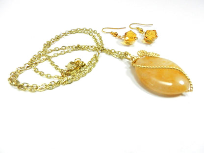 Gold Wire Wrapped Light Yellow Agate Gemstone Pendant with Matching Gold Crystal Earrings