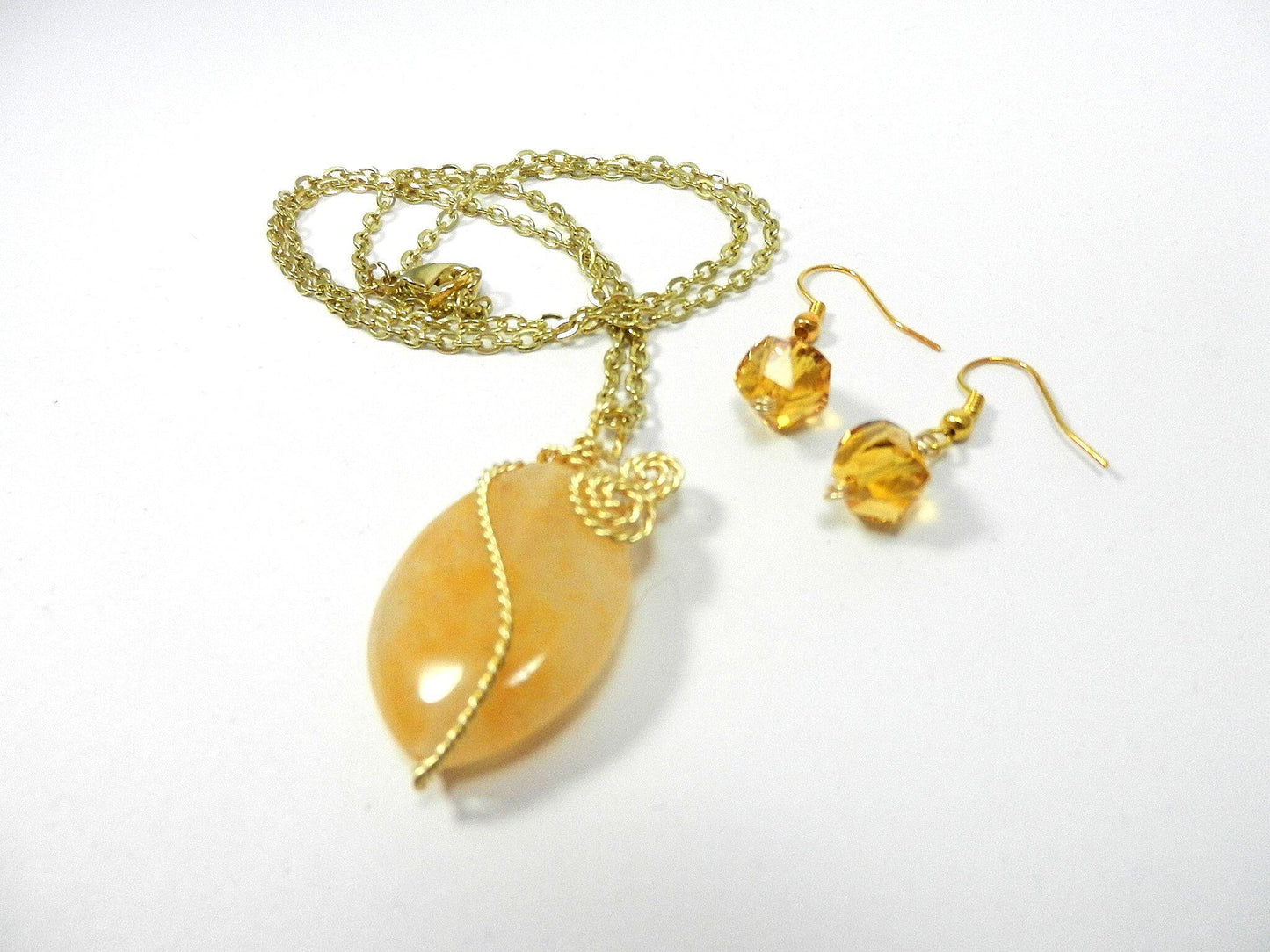 Gold Wire Wrapped Light Yellow Agate Gemstone Pendant with Matching Gold Crystal Earrings