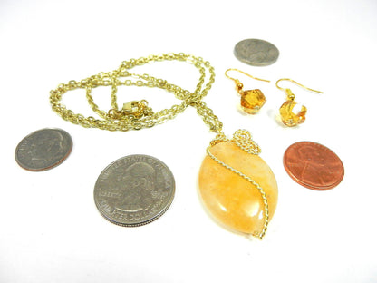 Gold Wire Wrapped Light Yellow Agate Gemstone Pendant with Matching Gold Crystal Earrings